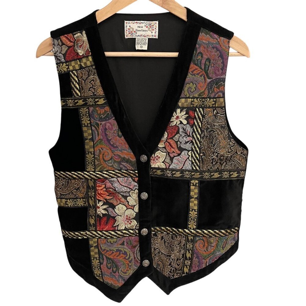 Vintage 90s New Directions Womens Tapestry Velvet Vest Size M Patchwork Tapestry